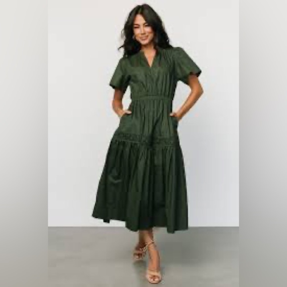 Baltic Born Olive Green Midi Dress with Tiered Skirt